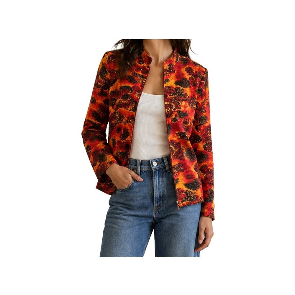 Vintage Analogy Red Gold Paisley Zip Front Ruched Blazer Size S Y2K Mallcore